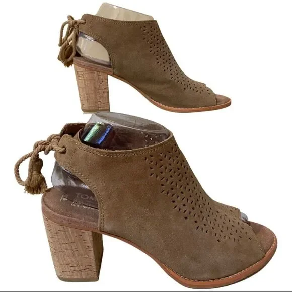 TOMS Tan Elba Suede Perforated Peep Toe Heeled Sandal - Picture 6 of 9
